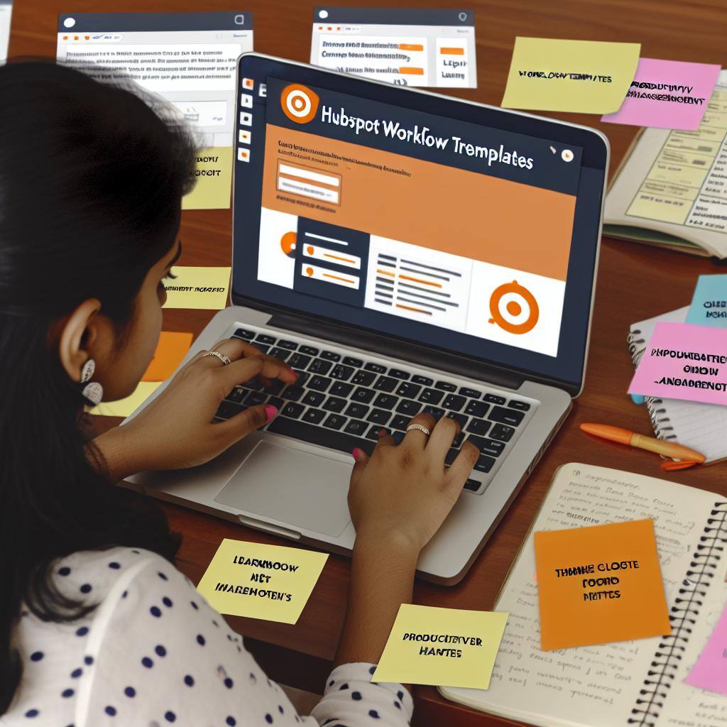 An image of a person working on a laptop, with multiple tabs open related to HubSpot workflow templates and productivity tips. The person is surrounded by sticky notes and a notebook, indicating they are actively engaged in learning and implementing the strategies discussed in the tabs.